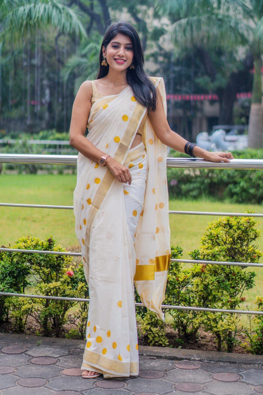 Golden Polka Cotton Saree-Polka Design-Kerala Cotton Saree