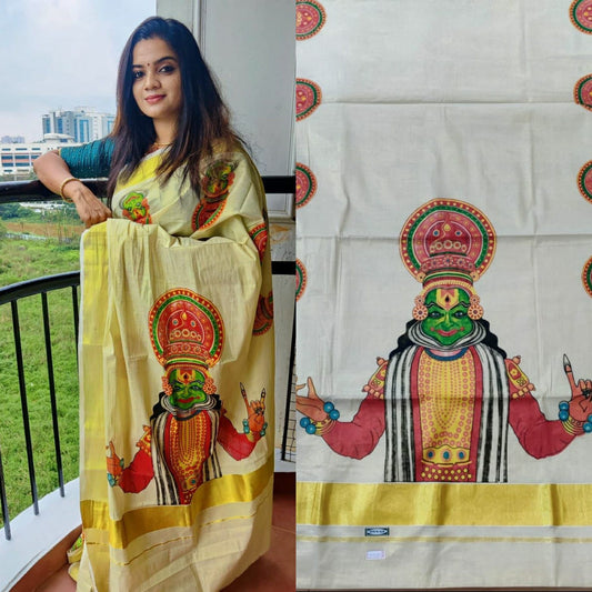 Kerala Golden Tissue Mural print Set Saree with Blouse Material