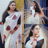 Kerala Rose gold Mural Print cotton saree