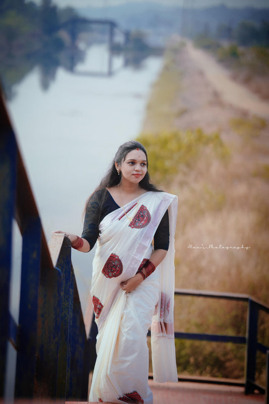 Kerala Rose gold Mural Print cotton saree