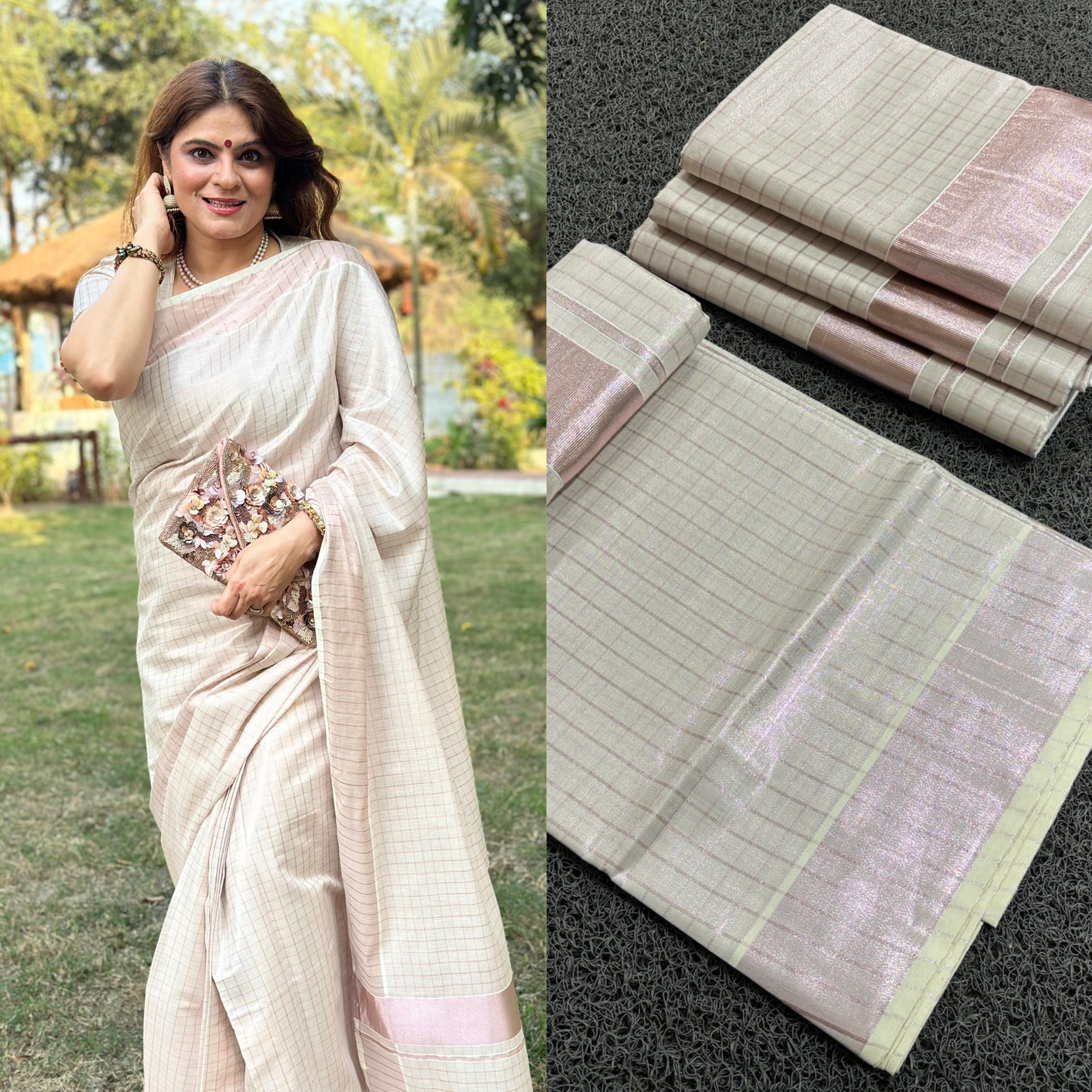 Rose gold tissue checked saree