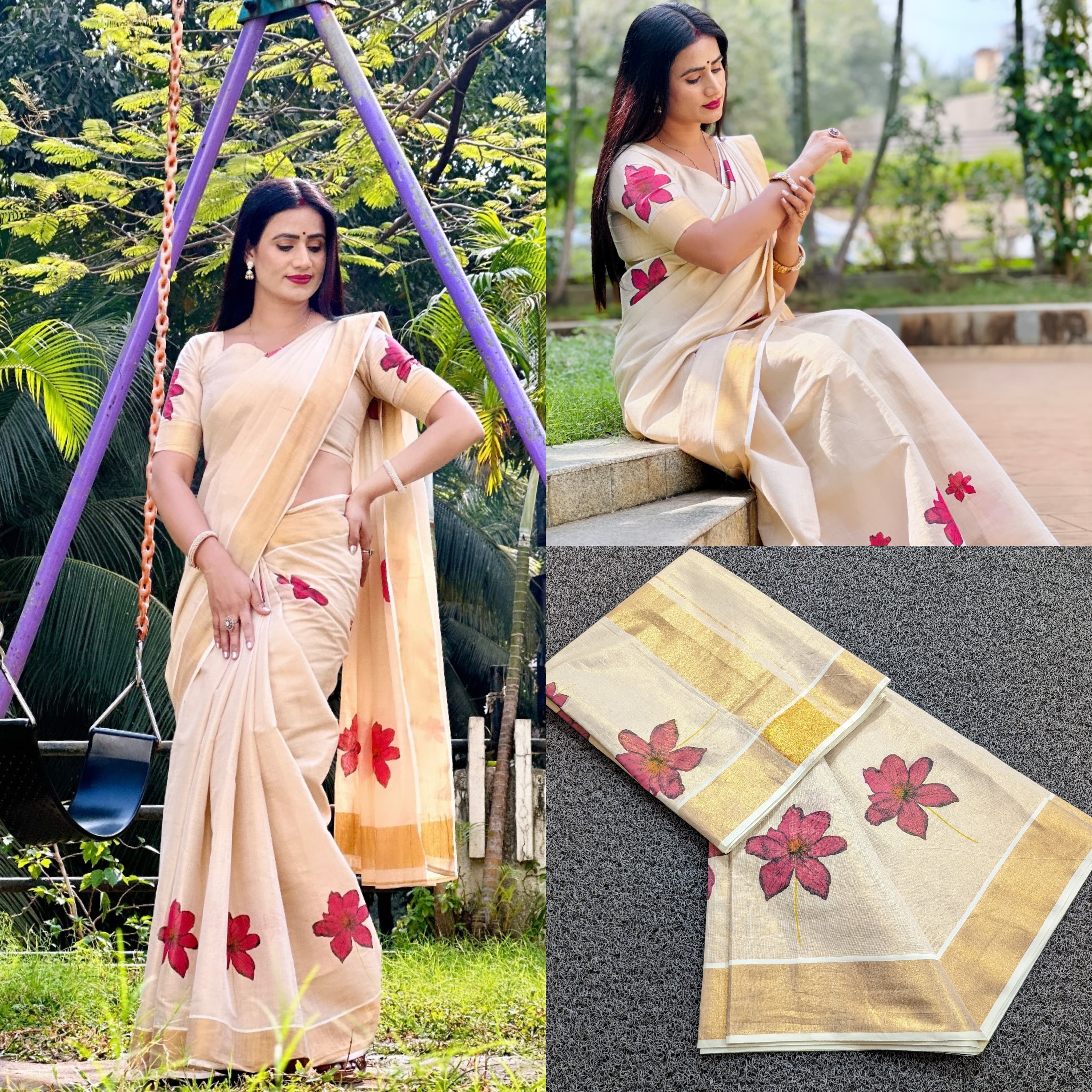 Digital flower print golden tissue saree handloom shade tissue