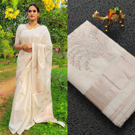 Kerala Rose Gold Nelkathir Tissue Handloom Finish Saree