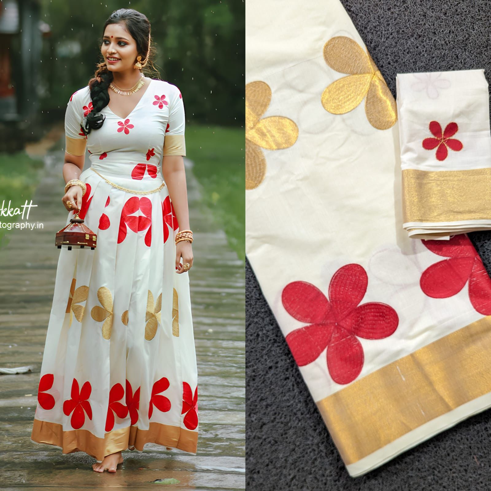 Big red and golden flowers Cotton Pattu Pavada Stitched or Blouse material ,Traditional Girls clothing, Handmade ,Onam, Christmas, Pooja wear
