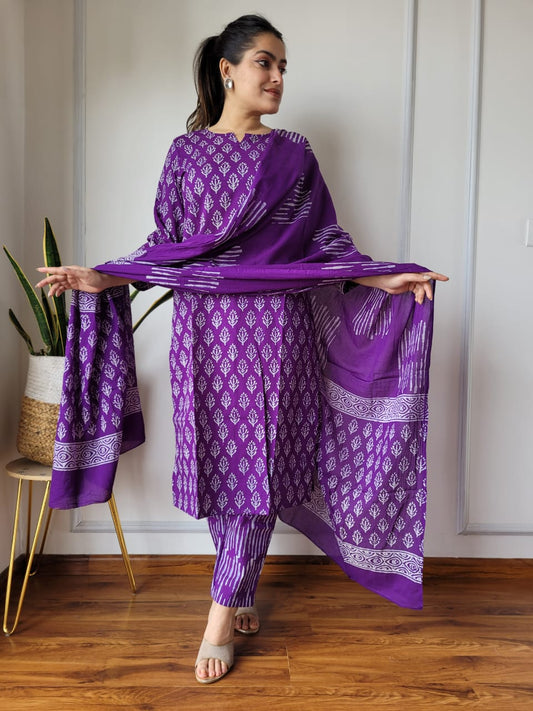 Premium Hand Block Printed Purple Cotton Kurta With Pant & Dupatta Set For Women, Stylish Ready To Wear Dresses