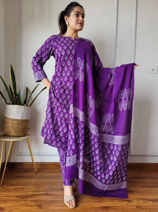 Premium Hand Block Printed Purple Cotton Kurta With Pant & Dupatta Set For Women, Stylish Ready To Wear Dresses