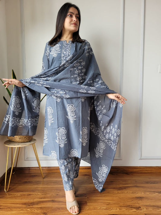 Premium Hand Block Printed Grey Cotton Kurta With Pant & Dupatta Set For Women, Stylish Ready To Wear Dresses