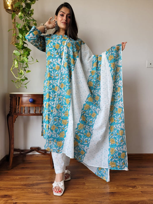 Blue Base Floral Hand Block Printed Cotton Kurti