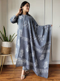 Premium Hand Block Printed Grey Cotton Kurta With Pant & Dupatta Set For Women, Stylish Ready To Wear Dresses