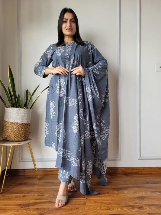 Premium Hand Block Printed Grey Cotton Kurta With Pant & Dupatta Set For Women, Stylish Ready To Wear Dresses