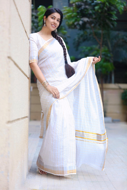 Silver and Gold pure handloom kasavu saree - Ready to wear