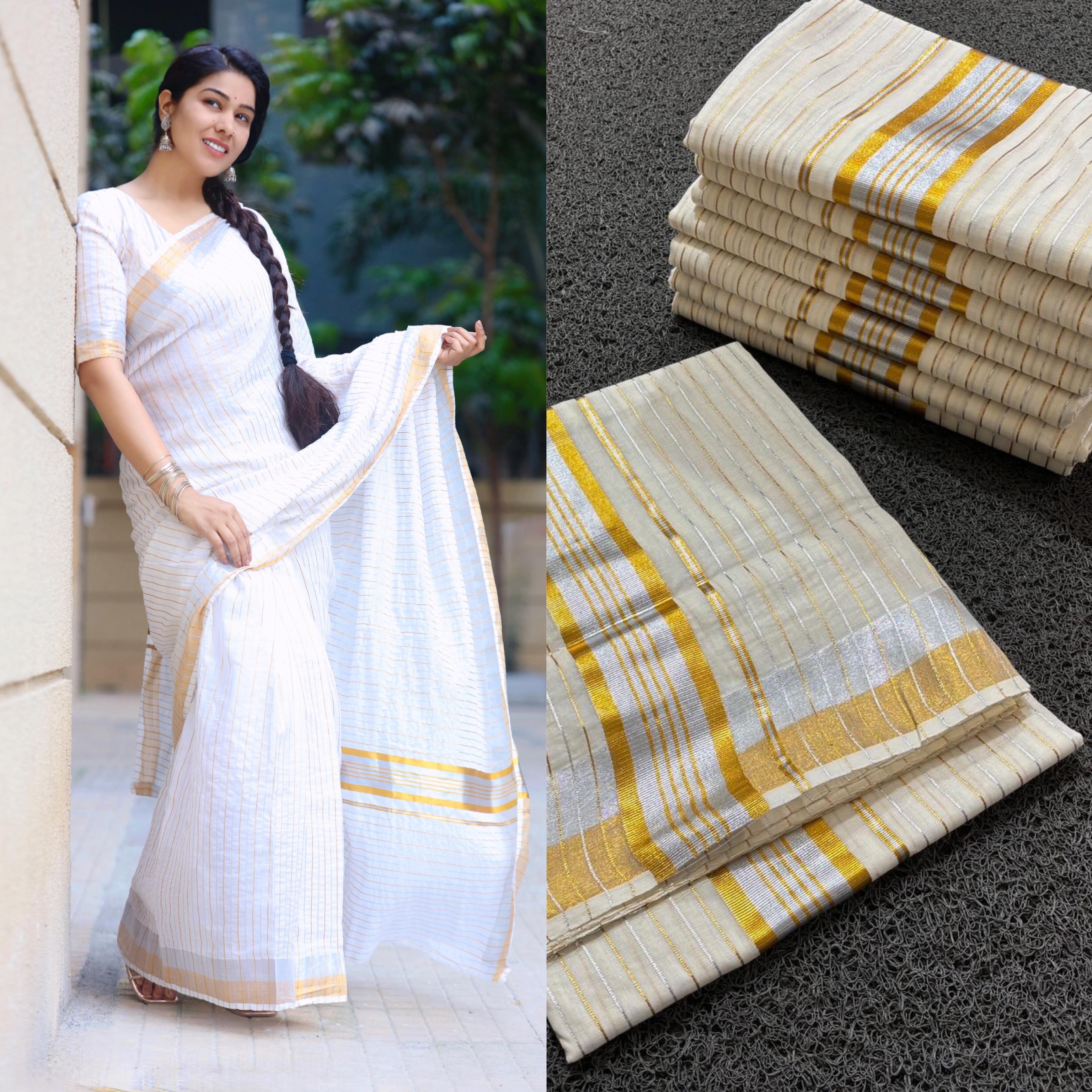 Silver and Gold pure handloom kasavu saree - Ready to wear