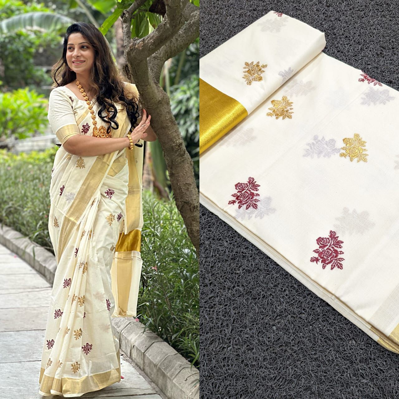 Premium Quality Pure Cotton Rose Embroidered Saree | Kerala Traditional Saree