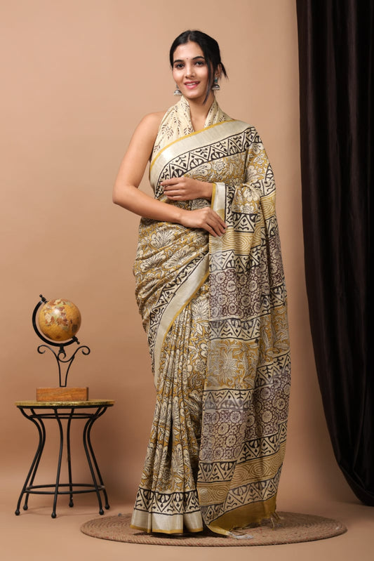Women's Hand Block Printed Cotton Linen Saree With Blouse Piece