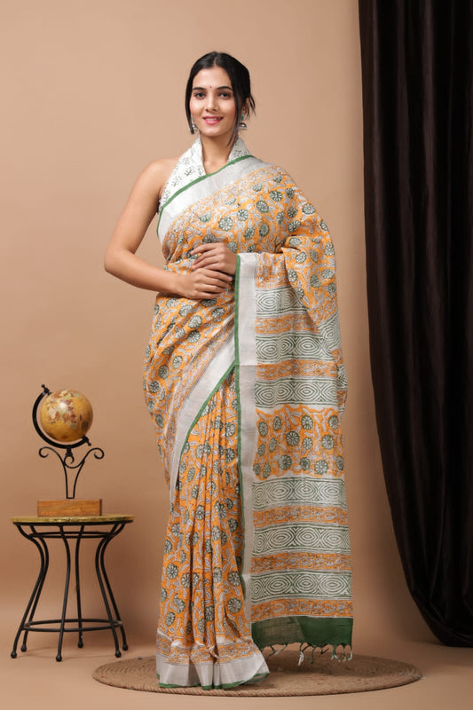Women's Hand Block Printed Cotton Linen Saree With Blouse Piece