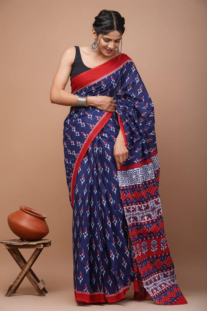 Hand Block Printed Pure Cotton Saree - Various Patterns