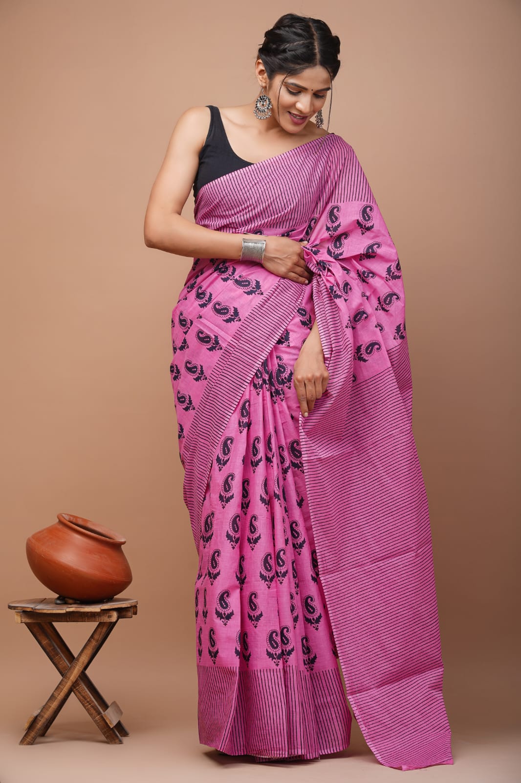 Hand Block Printed Pure Cotton Saree - Various Patterns