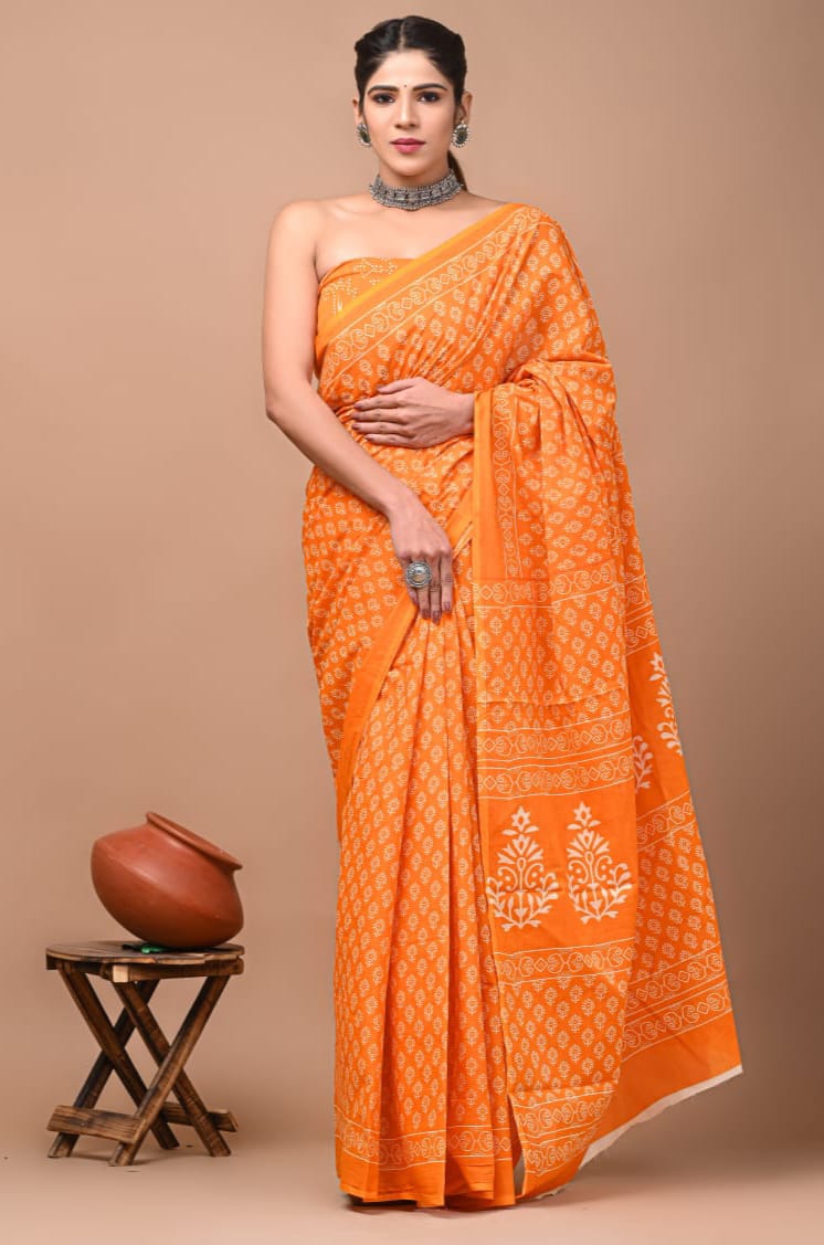Blocked Printed Daily Wear Pure Cotton Mulmul Saree - Various Patterns