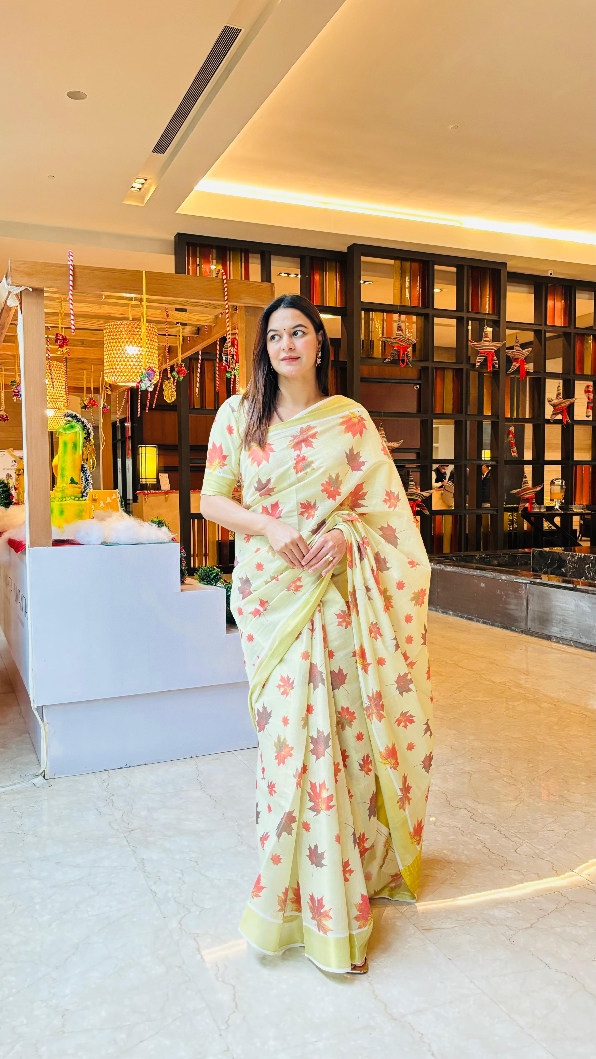 Maple digital print  golden tissue saree