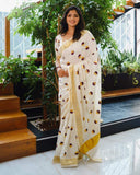 Printed Polka Dots Kerala Kasavu Saree Traditional Tissue/Cotton Silk with Running Blouse Piece