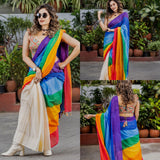 Multi color Rainbow Cotton Print Work Saree