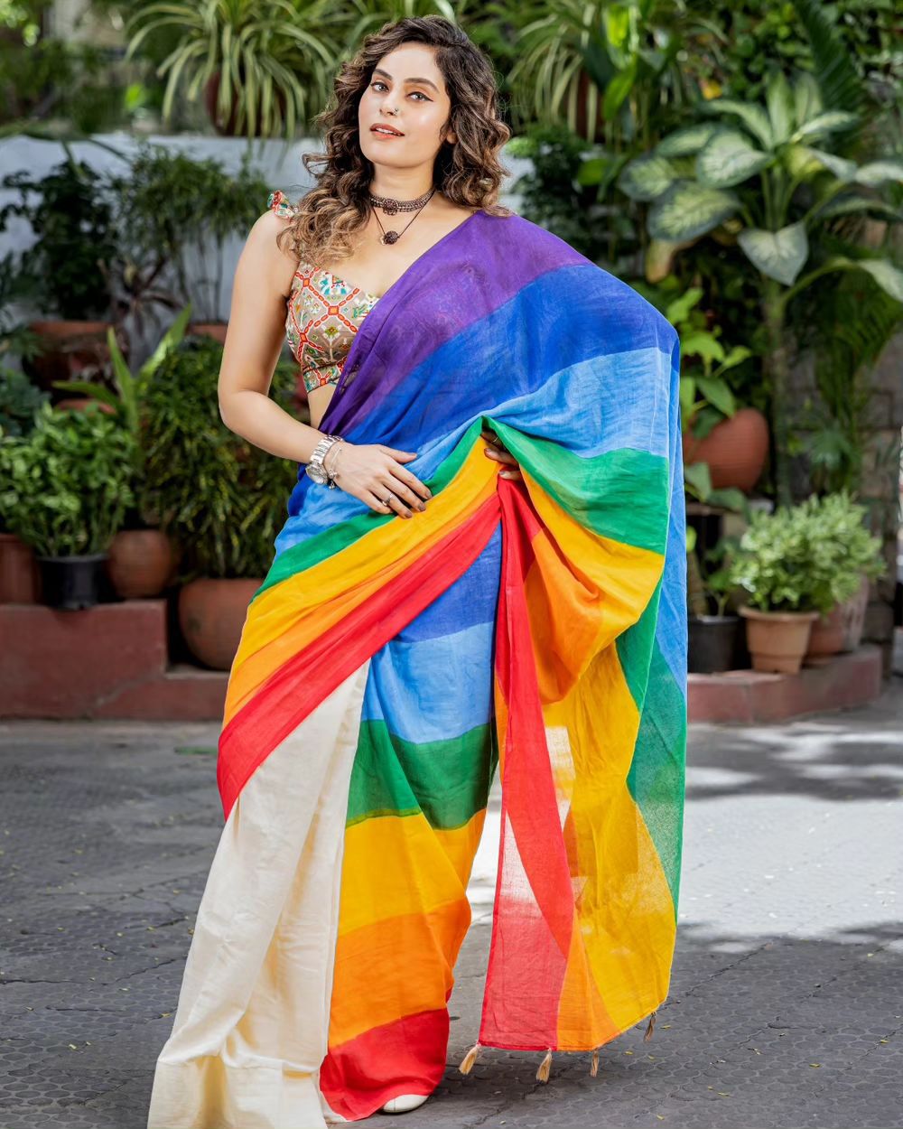 Multi color Rainbow Cotton Print Work Saree