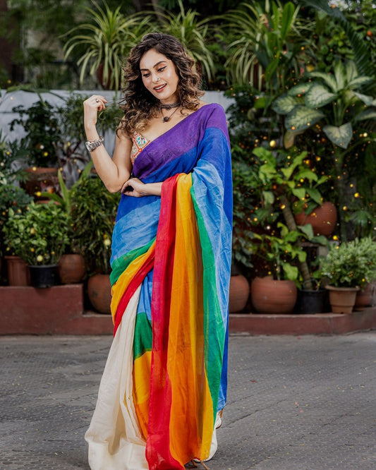 Multi color Rainbow Cotton Print Work Saree