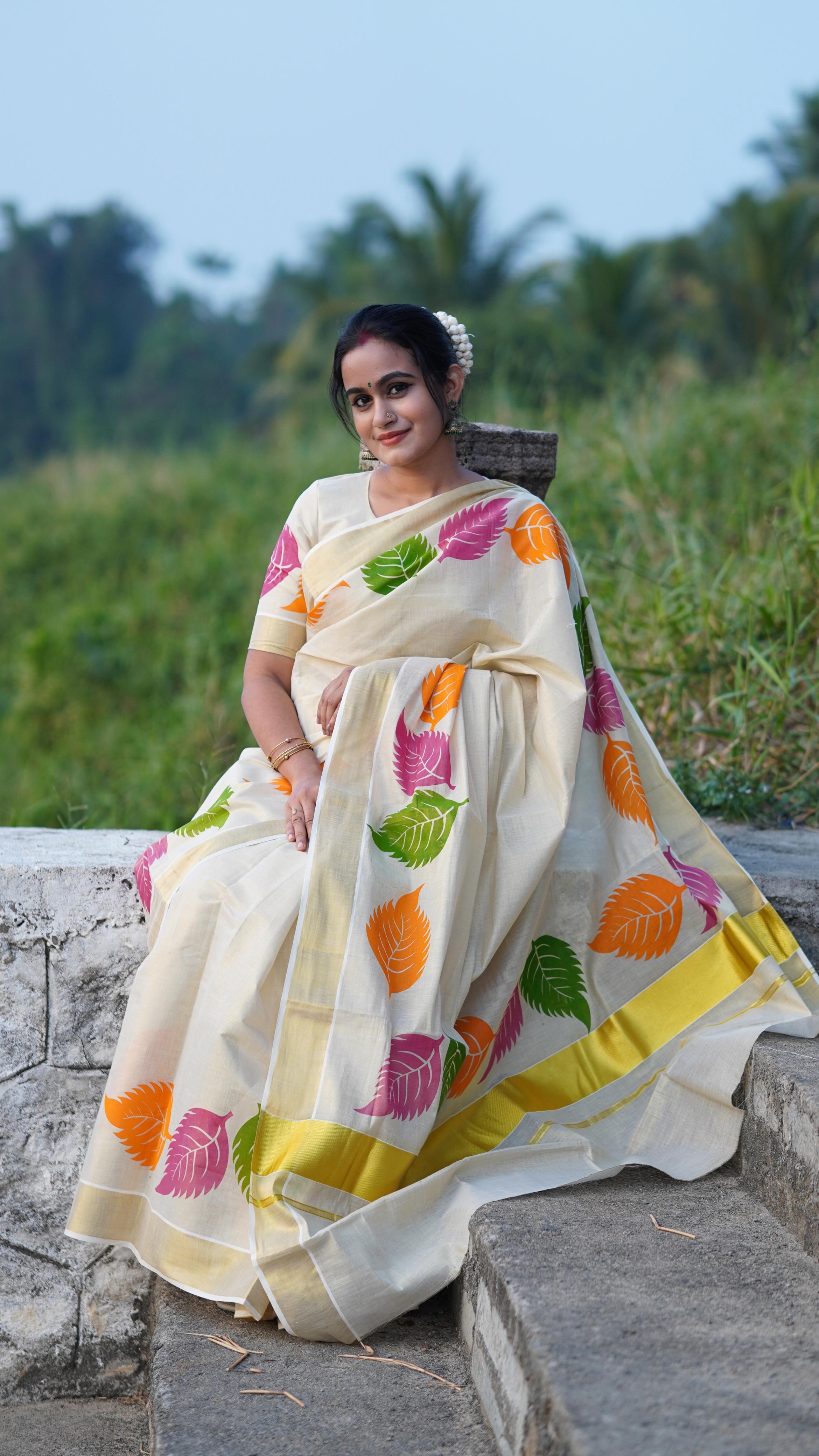 Multi color leaf golden tissue saree