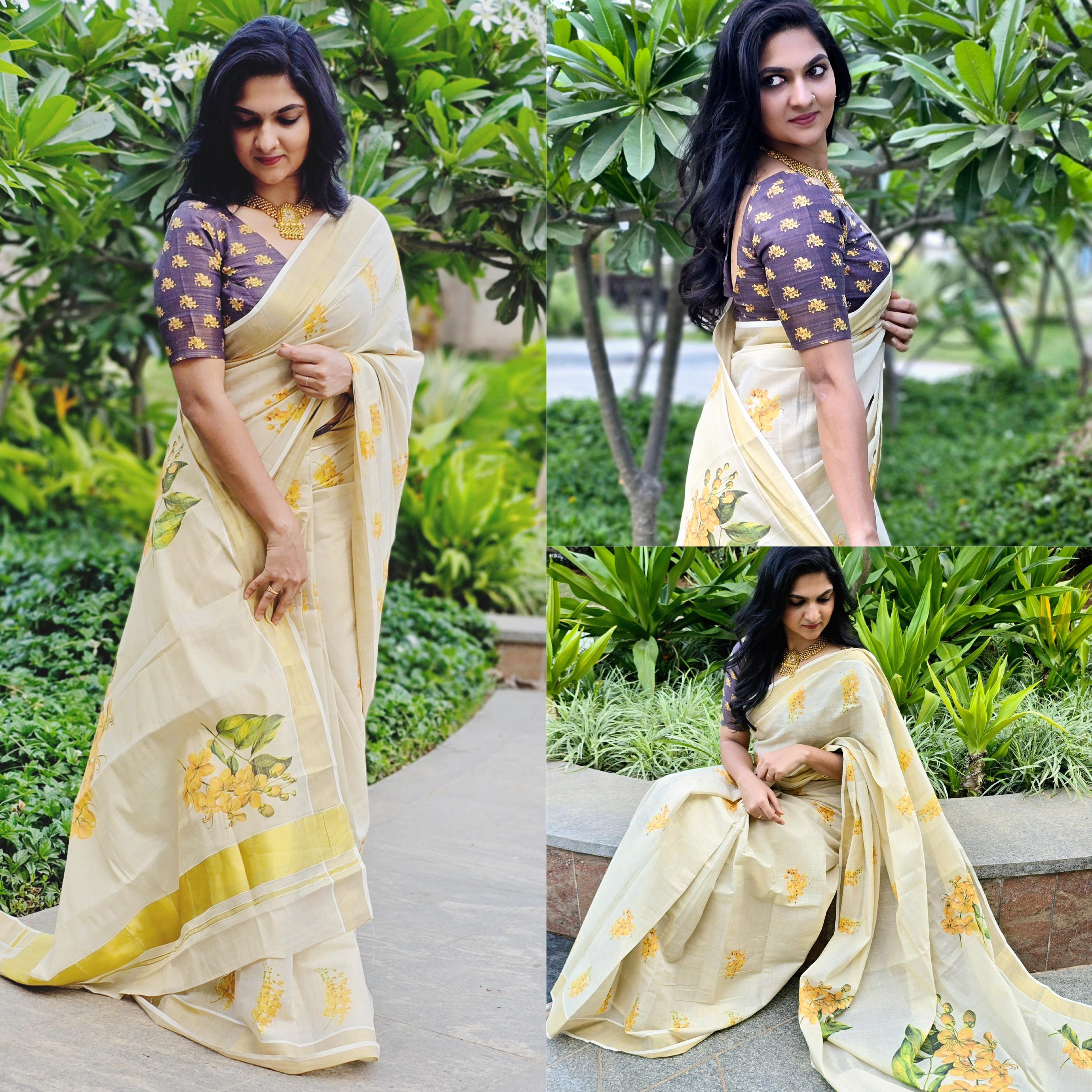 Pure Handloom Kerala cotton - Golden Shower Flower design - Ready to wear saree