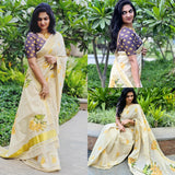 Pure Handloom Kerala cotton - Golden Shower Flower design - Ready to wear saree