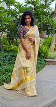 Pure Handloom Kerala cotton - Golden Shower Flower design - Ready to wear saree