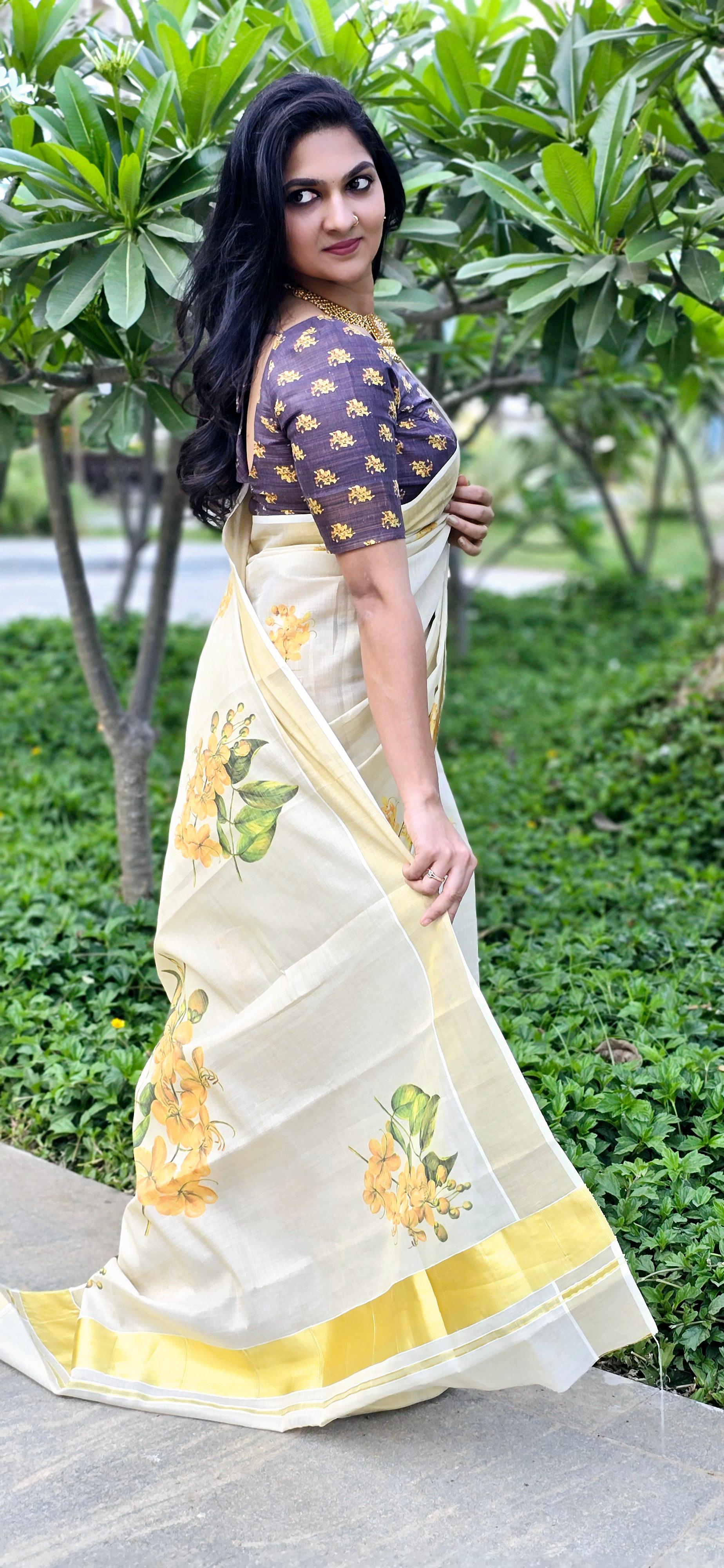 Pure Handloom Kerala cotton - Golden Shower Flower design - Ready to wear saree