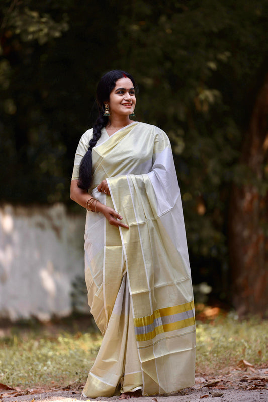 3 layer golden and silver tissue saree