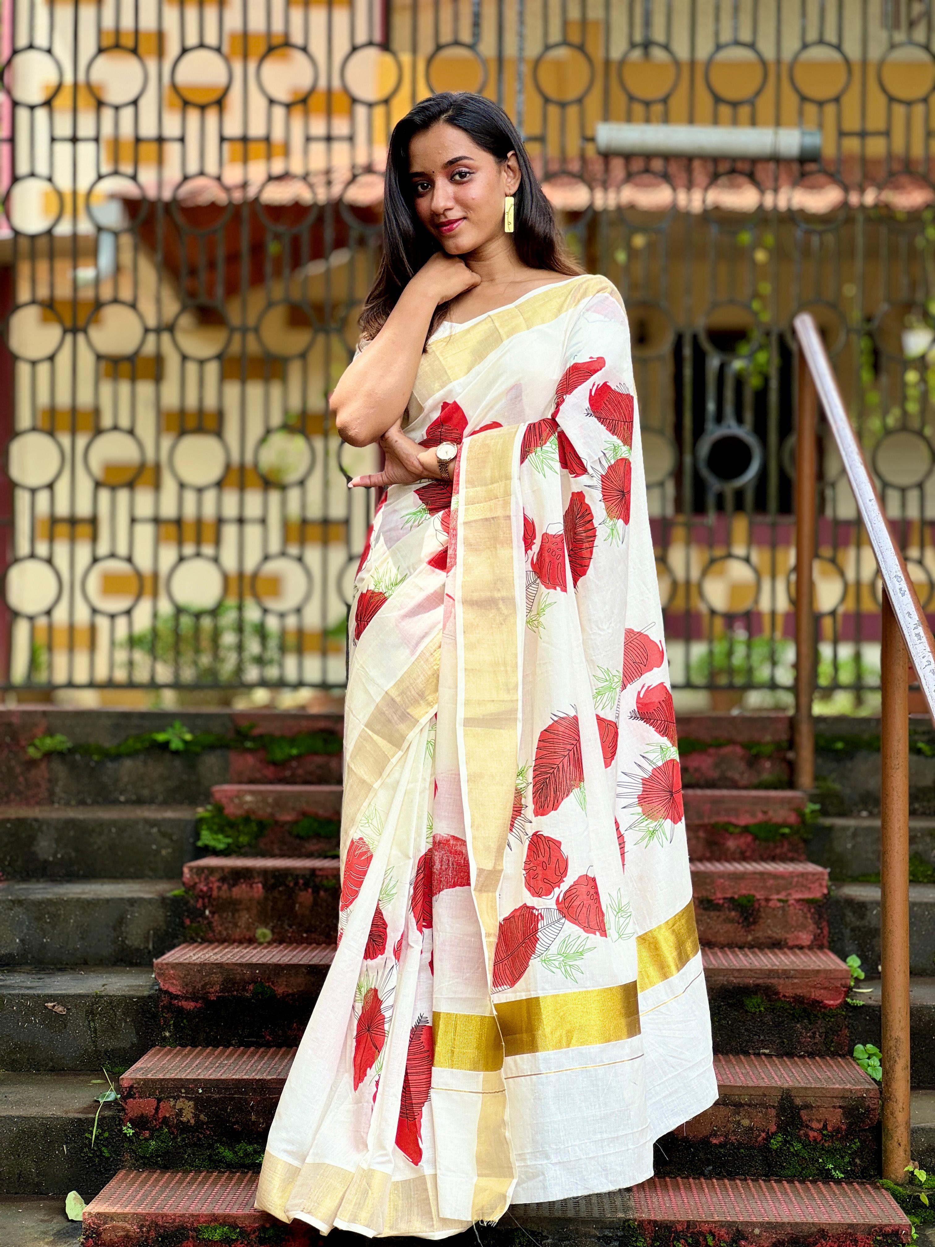 Southloom Red Floral Print Kerala Kasavu Saree