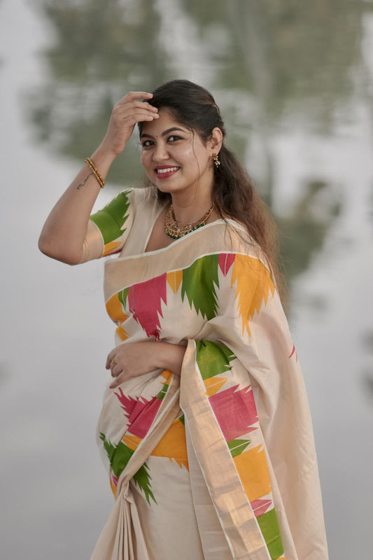 Kerala Tissue Saree with Vibrant Colour Big Temple Designs on Border