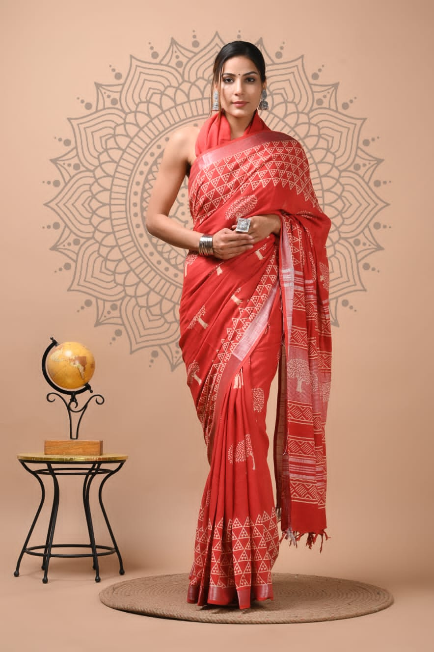 Cotton Saree - Hand Block Printed Mulmul Saree