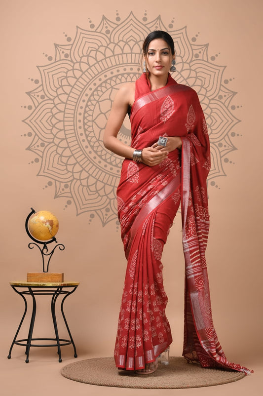 Cotton Saree - Hand Block Printed Mulmul Saree