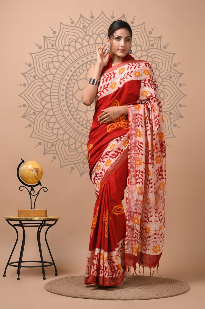 Cotton Saree - Hand Block Printed Mulmul Saree