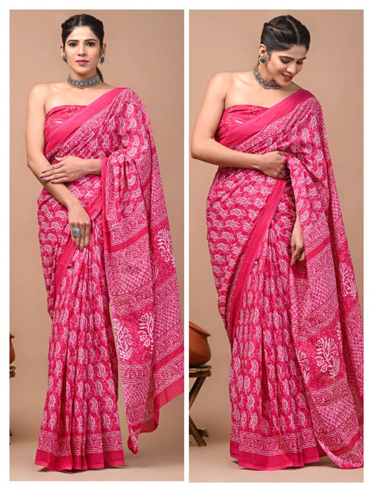 Blocked Printed Daily Wear Pure Cotton Mulmul Saree - Various Patterns