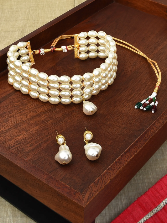 Pearls Gold Tone Ethnic Multistrand Pearls Choker Necklace & Earring Set