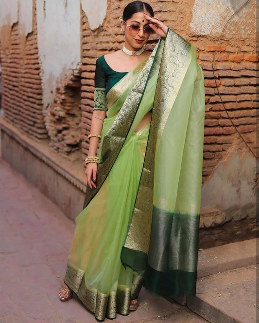 Banarasee Organza Mix Saree With Contrast Zari Border Design-Green