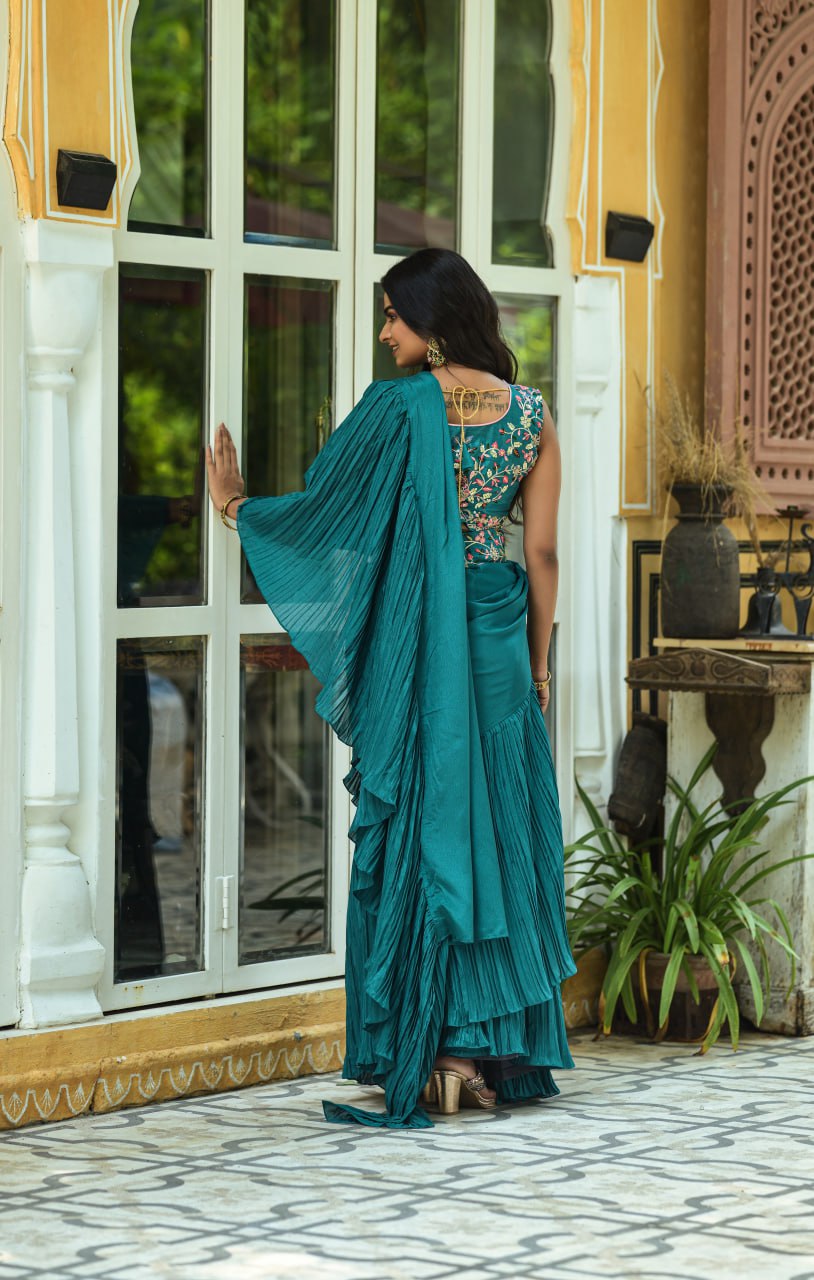 Chinon Saree With Unstitched Embroidery Blouse Piece