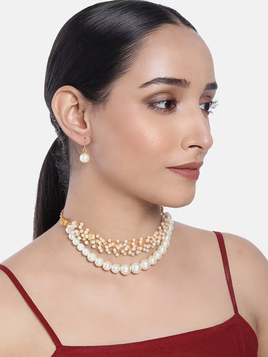Gold Tone Multistrand Pearls Necklace & Earring Set