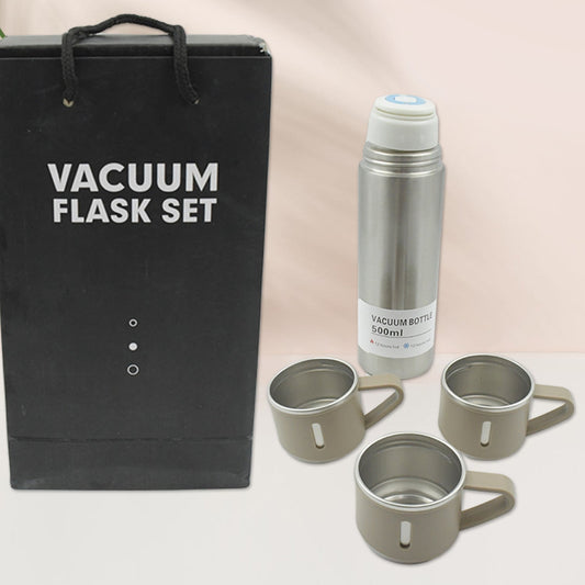 Stainless Steel Vacuum Flask Set with 3 Steel Cups Combo for Coffee Hot Drink and Cold Water Flask (500ml)
