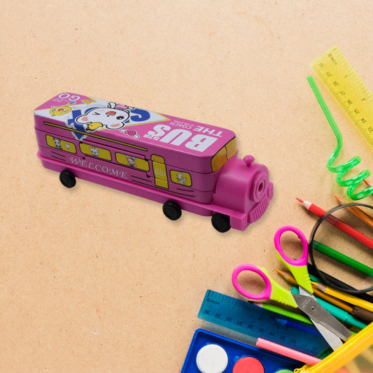 Double Decker Magic Bus Compass 2 Layer Metal Bus Compass Pencil Case with Movable Wheels & Sharpener Bus Shape with Tiers Metal Pencil Box for Kids Birthday Party