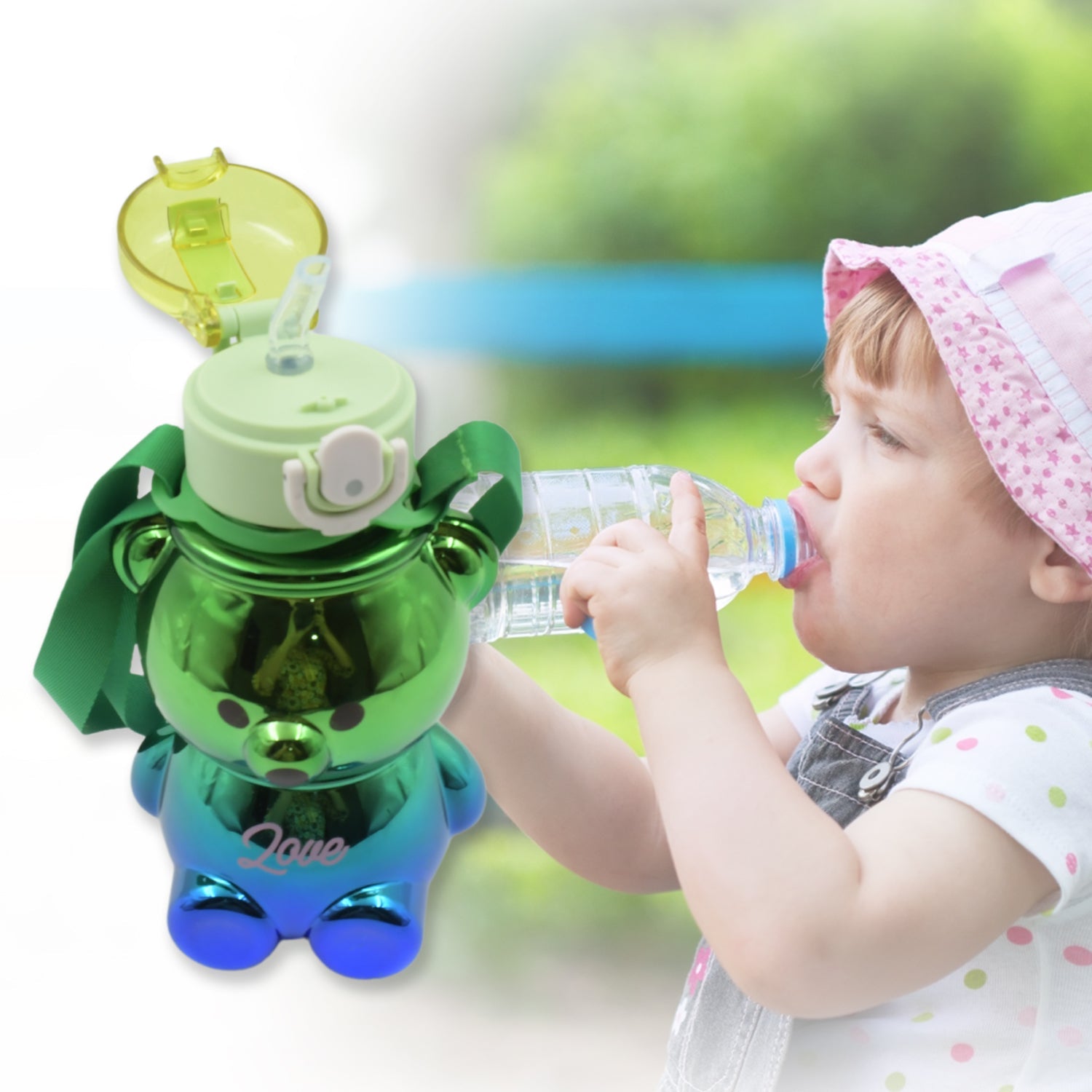 Plastic Water Bottle, with adjustable shoulder strap and stickers For Kids (1 Pc)