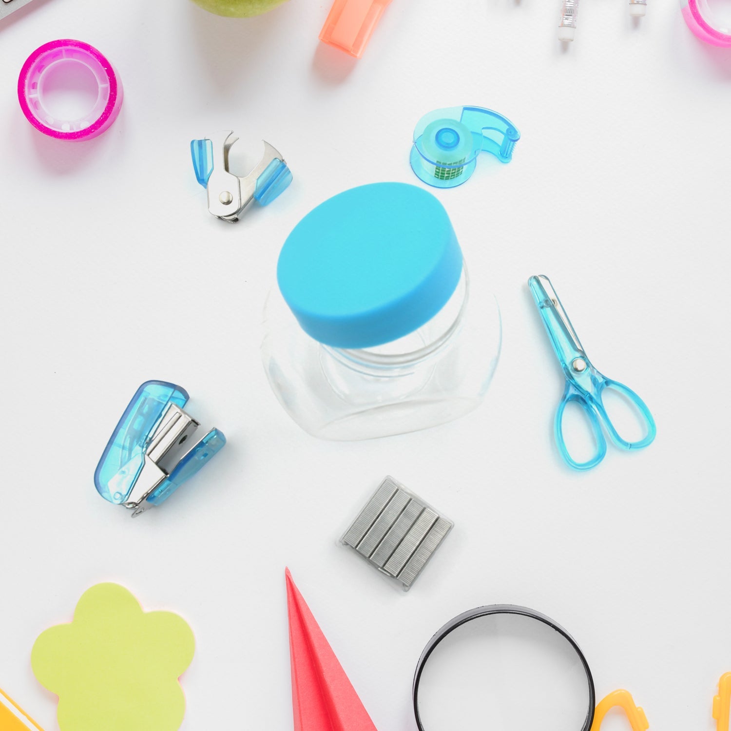 Mini Office Stationery Set, Including Stapler, Scissors, Paper Clips, Tape Dispenser, Transparent Tape, And Staples