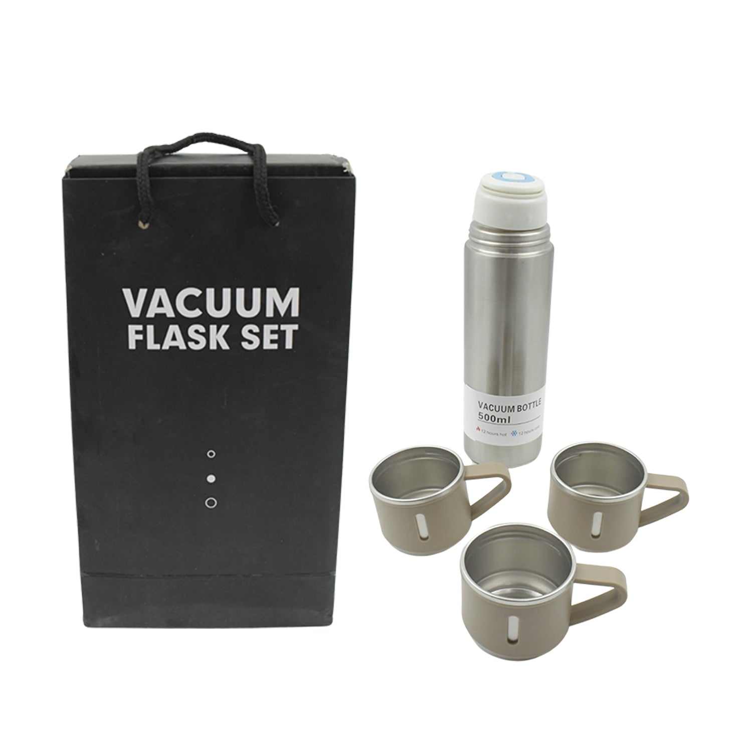 Stainless Steel Vacuum Flask Set with 3 Steel Cups Combo for Coffee Hot Drink and Cold Water Flask (500ml)