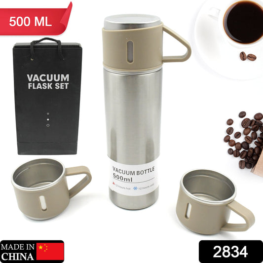 Stainless Steel Vacuum Flask Set with 3 Steel Cups Combo for Coffee Hot Drink and Cold Water Flask (500ml)