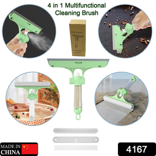4 in 1 Multifunctional Glass Scraper, Window Glass Wiper with Watering Can, Silicon Cleaning Squeegee with Two Brush Heads